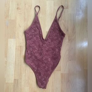 Aerie One Piece Lacey Plunging Neckline Cheeky Swimsuit Boho Burnt Orange